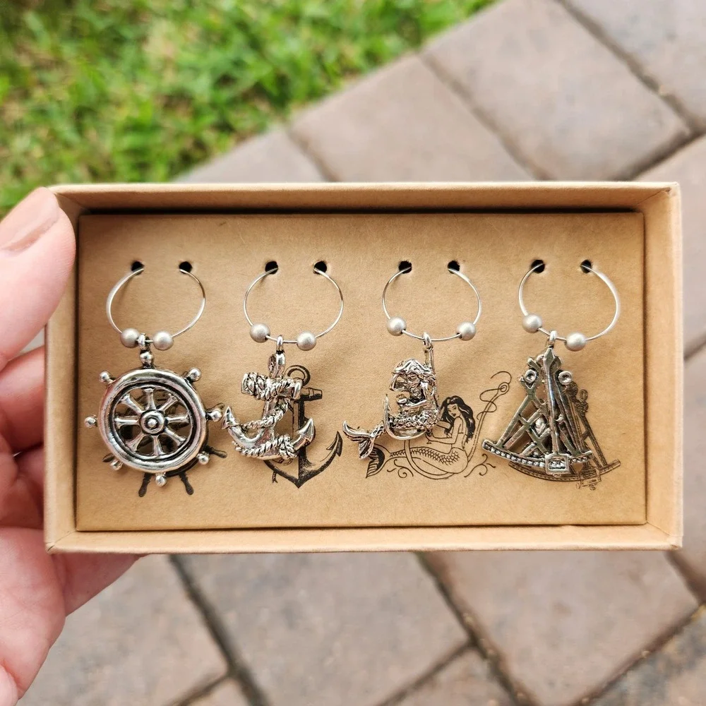 NEW Nautical Wine Glass Charms Set 4pc Silver‎ Anchor Mermaid Ship Wheel Boxed